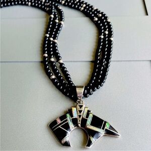 Navajo Barbara Hemstreet Opal & Onyx Sterling Silver Bear Pendant Bead N…